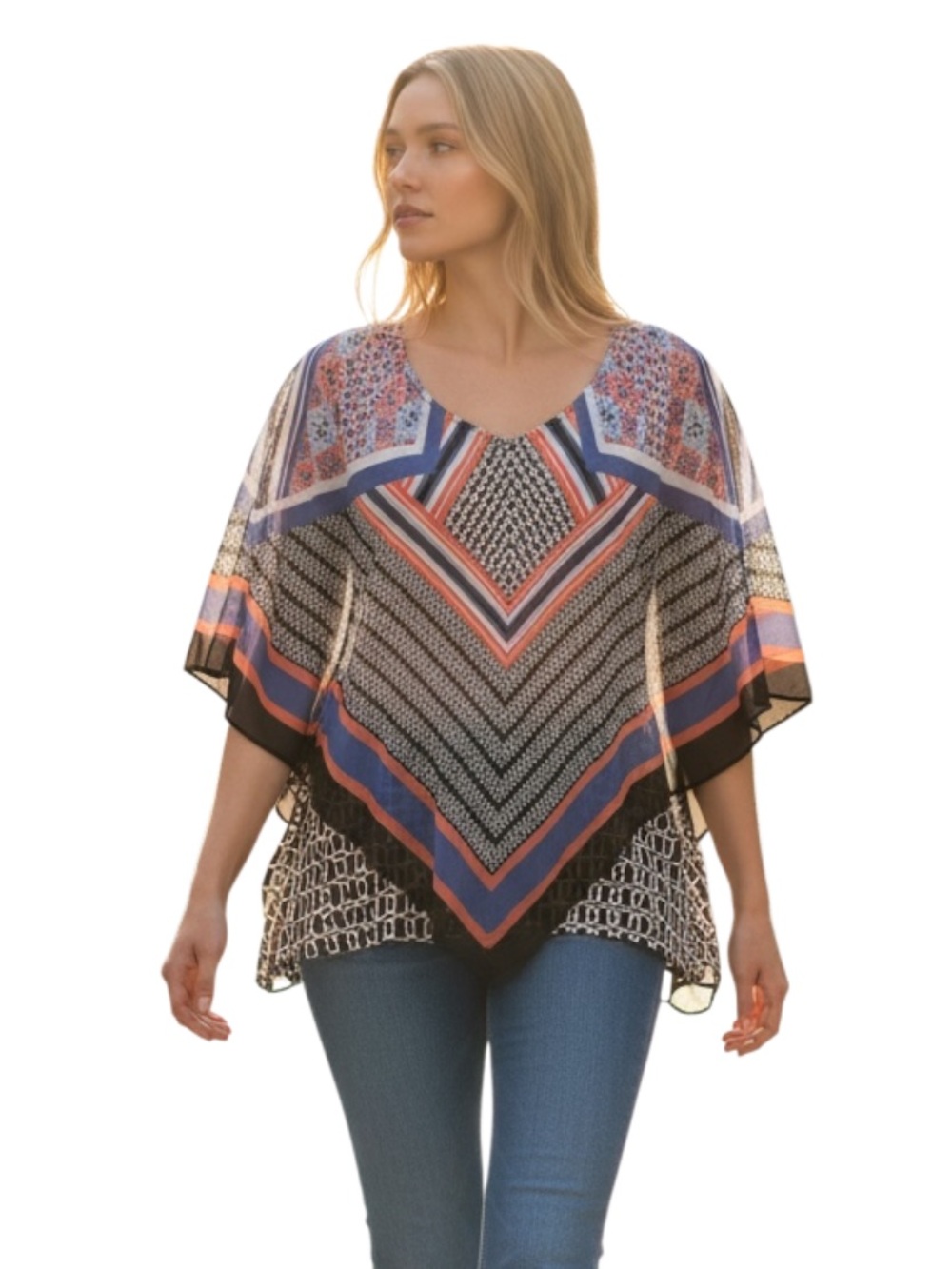 AB Studio V-Neck Chevron & Floral Print Poncho Top - Black, Blue, Orange